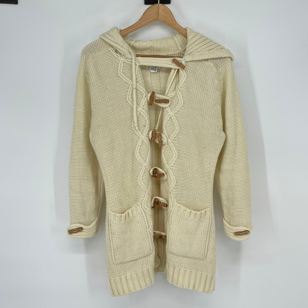 Vintage Monarch‎ Knits Cable Knit Hooded Toggle Cardigan Sweater Ivory Size L